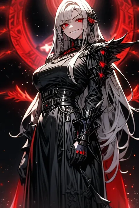 1 girl, black armor, BLACK WINGS, red eyes, long white hair, (Sinister smile), (looking to the spectator).