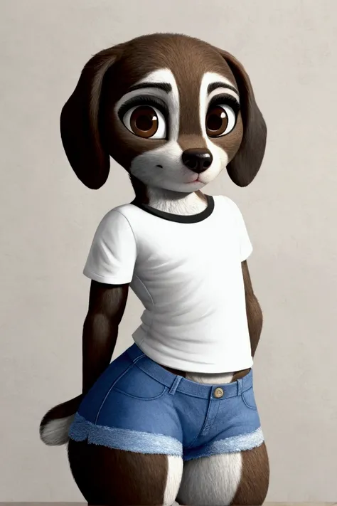 Small, thin male dog with nice big thighs and black and white fur and cute brown eyes and is wearing a t-shirt and full body denim shorts and is .