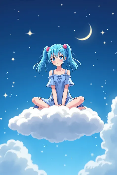 anime illustration, girl with bright blue pigtails, blue dress, sitting criss cross on cloud, night sky