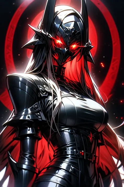 1 girl, black valkyrie armor, BLACK WINGS, red eyes, long white hair, (looking to the spectator), red halo.(Black metal mouth cover)