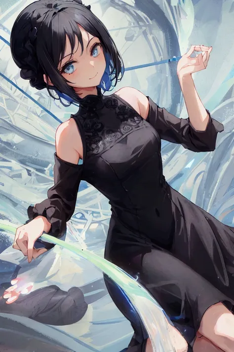 a girl mid short black hair  , small smile , nice detailed dress  black blue color