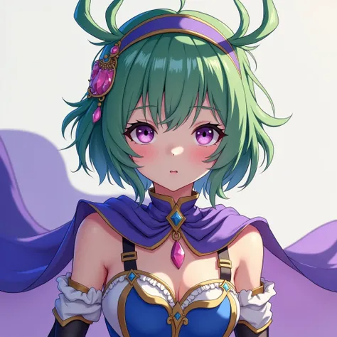 a detailed portrait of a beautiful anime girl, 1girl, beautiful detailed eyes, beautiful detailed lips, extremely detailed face and features, long eyelashes, short green hair with antenna-like strands, wearing a purple hairband with a hair ornament, purple...