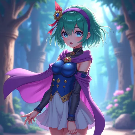 A girl with blue eyes, green hair, short hair, an ahoge, a purple hairband, a hair ornament, a purple cape, a white dress, a blue breastplate, detached sleeves, see-through sleeves, vambraces, and sandals, (best quality,4k,8k,highres,masterpiece:1.2),ultra...