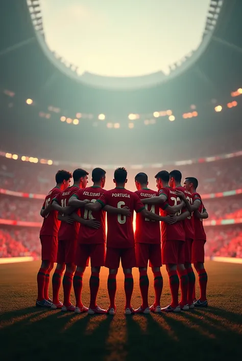 (Highly detailed CG unity 8k wallpaper),(masterpiece), (Best Quality), (Super detailed), (Best illustrations),World Cup,Finals,Time for the Showdown,(((Portugal team uniform,Players forming a circle)))，Final Round