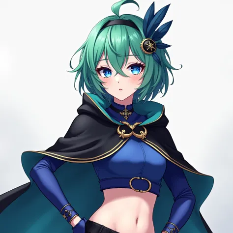 ninofng, blue eyes, green hair, short hair, black hairband, feather,hair ornament, black cloak, blue crop top, midriff, navel, elbow gloves, blue gloves, fingerless gloves, clothes around waist, fng skirt, purple knee boots, 1girl, High Quality, 