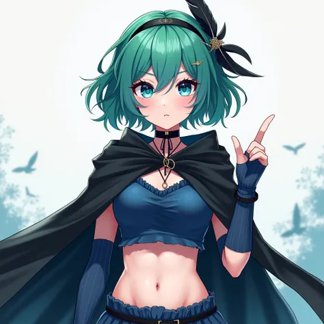 ninofng, blue eyes, green hair, short hair, black hairband, feather,hair ornament, black cloak, blue crop top, midriff, navel, elbow gloves, blue gloves, fingerless gloves, clothes around waist, fng skirt, purple knee boots, 1girl, High Quality, 