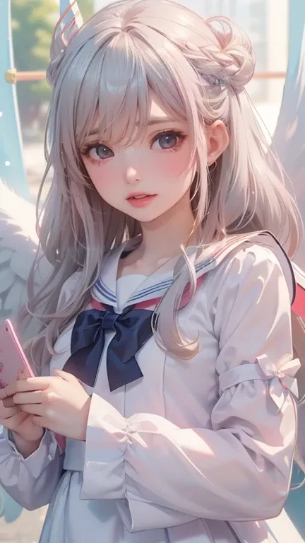 (8K, Top quality, (masterpiece, high quality, more ridiculous, High resolution, (動漫wind格:1.1), ((desktop)), ((best quality)), (Super detailed), (beautiful), solo, beautiful face、Cute,wind,white hair、[Long hair、Long-term、pink eyes、頭髮在wind中飄動、白色Sailor Suit、l...