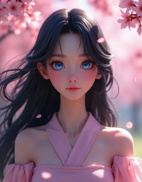 Solo young woman standing under cherry blossom trees, with long black hair and glowing blue eyes, captured in a highly detailed 3D rendering. The character has a small mole under one eye, and her large, reflective eyes stand out, giving an ethereal glow. T...