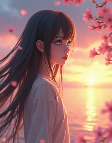 A breathtaking 3D rendering of a girl standing by herself on a beach at sunset, with long black hair and glowing blue eyes. The cherry blossom petals float in the warm breeze, mixing with the golden light of the setting sun. The sky is painted in hues of p...