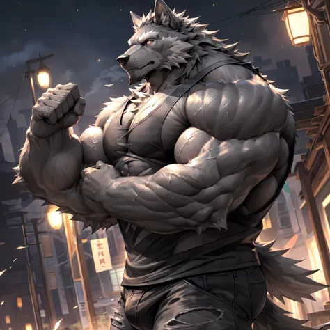 masterpiece,high quality,anime, ultra detailed, angle from bottom
, Tearing one&#39;s clothes with one&#39;s hands
, 毛むくじゃらの雄の黒Wolf, Wolf, (Great physique:1.5), (Strong arms, manly:1.5), (shirtless:1.7) 
, Completely naked, Soaking wet clothes, (A torn dar...