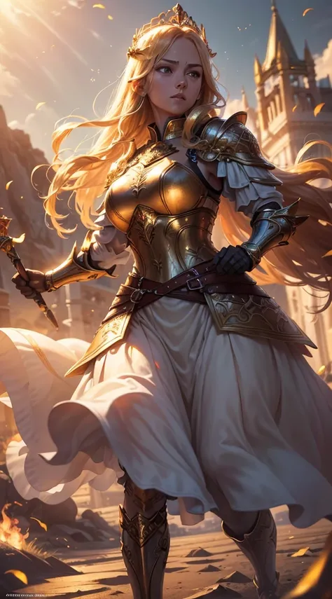 Majestic golden-armored warrior princess, fierce determination, flowing blonde hair, ornate crown, brandishing gleaming sacred sword skyward, (intricate golden armor plates:1.2), (shimmering cape billowing:1.1), (rays of setting sun illuminating figure:1.3...