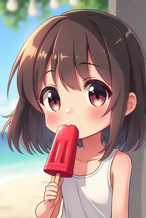 Eating a popsicle、Give me one bite、hibiscus、Cartoon style character design，1 Girl, alone，Big eyes，Cute expression，Tank top、interesting，interesting，Clean Lines, kawaii chibi style