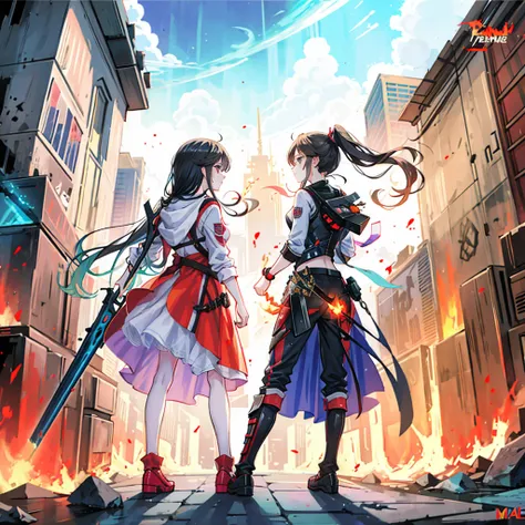 2 girl, battle, flame, thunder, moment of final battle, post apocalyptic background,