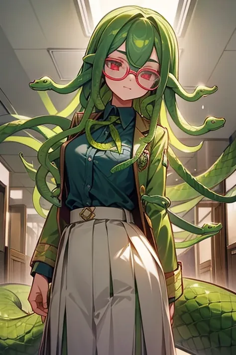 female lamia (long light-green snake hair), red eyes, tinted glasses, school uniform (button-up shirt, jacket, skirt), soft smil...