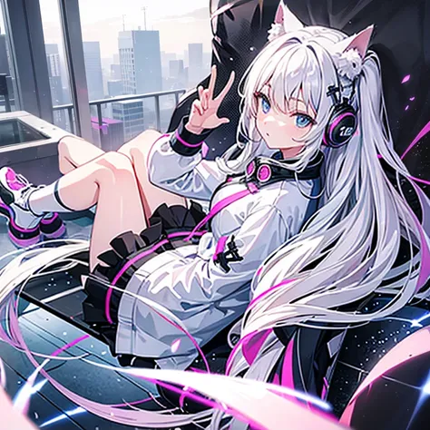 "Anime Girls, 1 person, silver white hair tied on both sides, Light pink purple eyes, Wearing cat ear headphones, Women&#39;s Shirts, Women&#39;s Uniform, tie, Black mini skirt, Big Breasts, smile, tights,  Stand with your legs crossed, Side view,Alone (Fu...