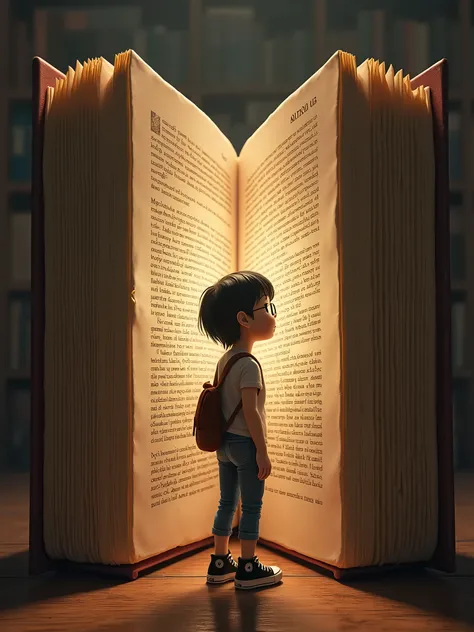 "A highly realistic, 4K image of a  girl with black hair, wearing glasses, and light brown eyes. She is standing and reading a giant book that is three times her height. The girl is dressed casually, wearing a black All-Star sneaker, and the scene is full ...