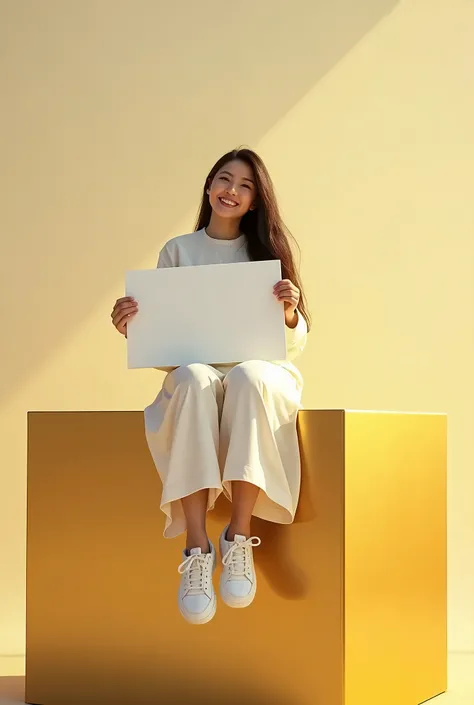 Girl with long dark hair, sits on a large golden cube, dangling legs, On his feet are white Nike sneakers, the body is dressed in Arab white clothes, In her hand she cheerfully holds a large white sign, which is shown to the viewer, PROFESSIONAL PHOTO, rea...