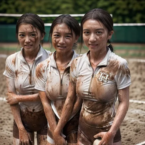 (Plain white very tight short sleeved dirt stained volleyball uniform with white half zip:1.7)、(A large, dirt-stained, white, square collar: 1.7)、(Red clay ground:1.5)、My hair is wet and messy、(Cute Japanese woman covered in dirt:1.7)、Best Quality, masterp...