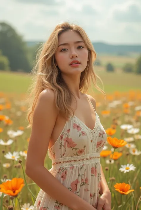 a young woman in a sundress, beautiful detailed eyes, beautiful detailed lips, extremely detailed face, long eyelashes, flowing blonde hair, serene expression, warm sunlight, field of wildflowers, idyllic countryside landscape, vibrant colors, (best qualit...