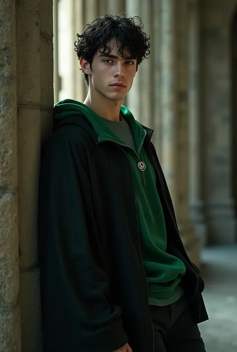 A male Harry Potter character with fair skin, short curly black hair, brown eyes, tall and fit. A Slytherin student leaning on a wall at Hogwarts Castle, wearing black and green robes.