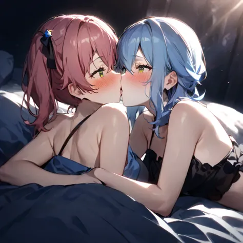 ((((high quality、High Quality))))、Two Girls, ((Star Town Suisei、Side Ponytail、Light blue hair、blue eyes))、((Sakura Miko、Pink Hair、Green Eyes))、bed、Lie down、Embarrassed、Black underwear、Embrace each other、Kiss、Whole body image、moonlight,Blushing, Torogao,Loo...