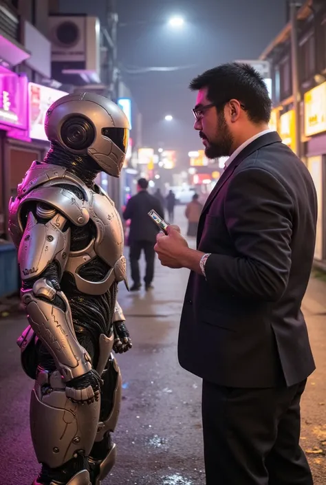 male, beard, Glasses, Neon City, Sharp razor blade, Drones covering the sky, Destroyed high rise building, Two cyborgs facing each other, A soldier in cyber armor, Heavy rain pours down」