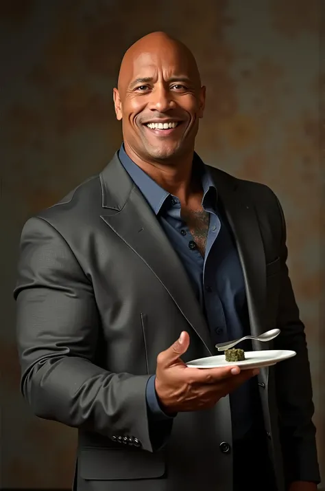 Actor The Rock holding a plate in one hand and a spoon in the other
