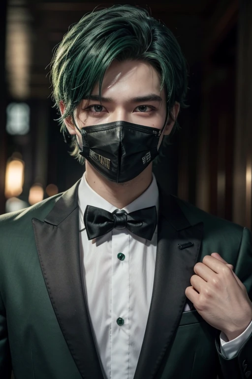 drak skin, male character, green hair, Onin mask, formal clothing, 8k, left eye closes