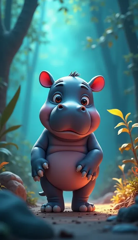 Create 3D anime pictures of Moo Deng Pygmy hippo is walking with four legs.