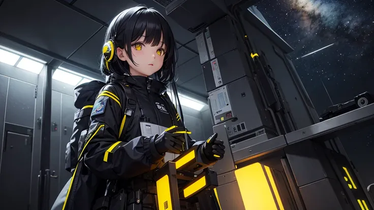 from future intelligence、background technology、complex mission, confident look、space black pioneer dress、yellow eyes、black hair