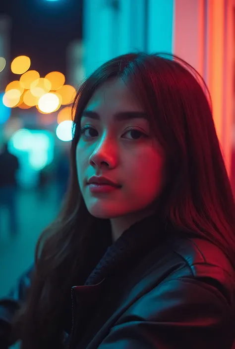 Bangkok, Thai woman in a cinematic scene with dramatic lighting, warm highlights, moody shadows. The color contrast between cool and warm tones that adds depth and intensity to the image. The overall mood like cinematic with dreamy atmosphere, Full body sh...