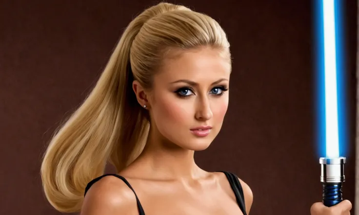 paris hilton (age 20, amazing butt, small breasts, amazing large eyes, noble jedi, only 1 blue lightsaber, sexy jedi outfit) shocked, betrayal, 100 of her former clone troopers try to kill her, sci fi city, urban warfare, paris is being shot at from all si...