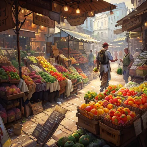 painting of a man walking through a market with fruit and vegetables, Steve Henderson, James Gurney painting style, in style of Steve Henderson, the vibrant echoes of the market, Oil painting digital painting, Craig Mullins Dappled Light, Beautiful digital...