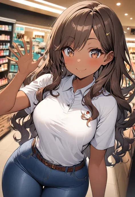 one girl, tan skin, brown hair, teal highlights in hair, brown eyes, wavy hair, long hair, white polo shirt, blue jeans, brown b...