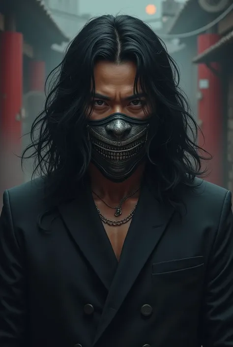 brown skin color, man, ninja mask, hannya mask, samurai mask, anime, onin mask, man in black suit, black hair
