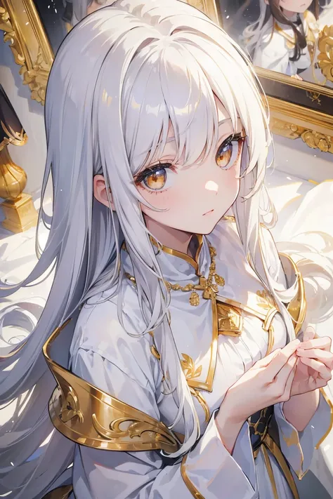 Best Quality, masterpiece,カラフルなhair, Golden Eyes,White clothes, look up, ,hair,White skin,