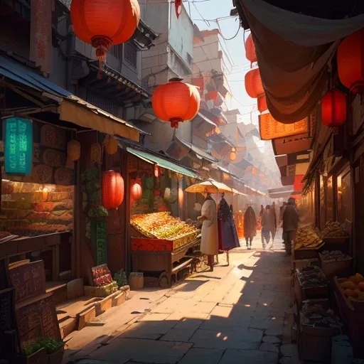 Many people are shopping on the street，There are fruit stalls, vegetable stalls and fish and meat stalls on the roadside of Kuangguang Street.，pork stall，The houses on the street were hung with lanterns, but it was daytime,The sun is very bright，Ancient Ch...