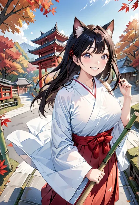 thin、cute、One Woman、japanese white clothes,red hakama,autumn leaves、Shrine grounds、Long black hair, (((Big smile)))、First Person View、Anatomically correct, 、(((Hold the handle of one bamboo broom with both hands)))、A large amount of autumn leaves are scatt...