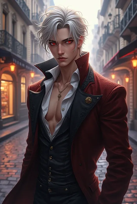 A white ultra long-haired, sexy red-eyed male character BDSM on anime victorian city