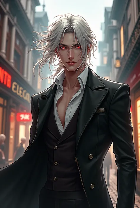 A white ultra long-haired, sexy red-eyed male character BDSM on anime victorian city