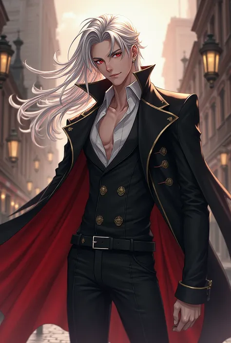 A white ultra long-haired, sexy red-eyed male character BDSM on anime victorian city