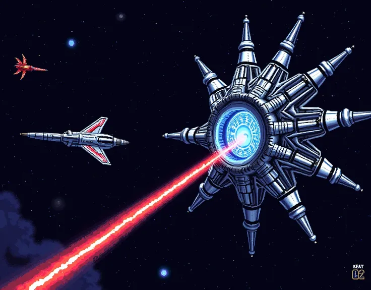 Retro classic game, gradius, shmup, a small spacefighter jet facing right on the left, a laser is being fired rightward from the small fighter jet, a huge space fortress made of machines appears on the right, there is a blue glowing core in the center of t...