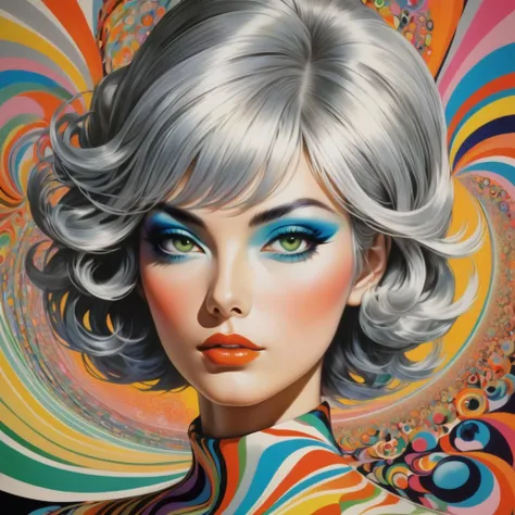 Environment Map, 1961 Airline Poster, Thick portrait, Shiny, Silver Hair, Dramatic Makeup, Complex, Very detailed, , kaleidoscopic, Trippy, 60s style, artについて, Bright colors, Swirl pattern, Hypnotic, art, Supermodel