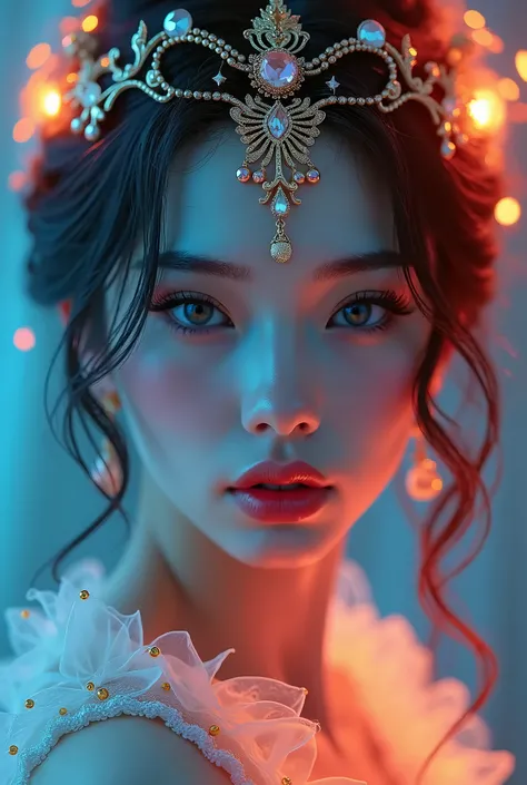 stunning digital manipulation, surreal portrait, ethereal glowing skin, captivating eyes, beautiful detailed lips, intricate makeup, elegant headpiece, dramatic lighting, vibrant colors, cinematic composition, digital art, photorealistic, (best quality,4k,...