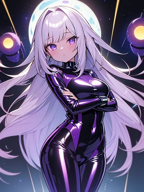 ((1girl),((small)), ( masterpiece,best quality,high-resolution), ((Anatomically correct number of limbs),(Anatomically correct number of fingers),(Beautiful five fingers)),  (shiny skin:1.5), (gaming color hair, long hair), ((Purple latex rubber suit), (ar...