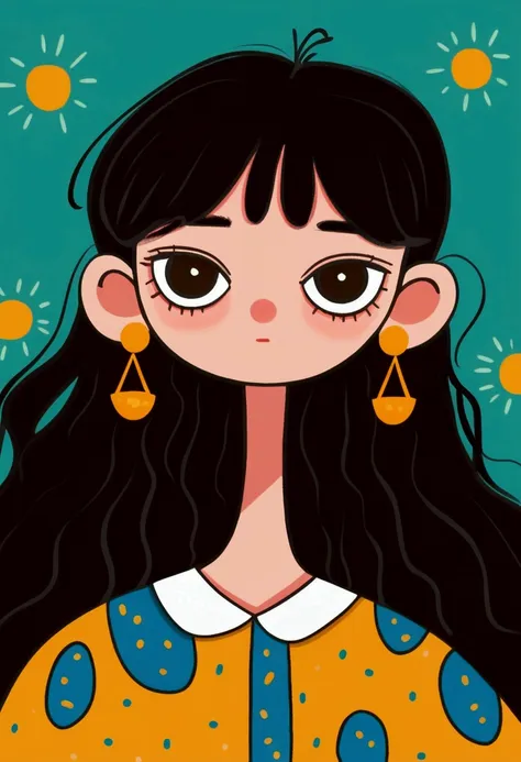 bright colors，flat wind，vector，childish art cartoon，black hair big earrings cartoon girl,big eyes，cute expression，bangs，minimali...