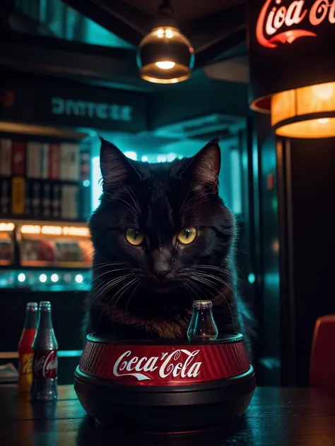 a large cat eating hamburgers and drinking coca-cola, futuristic city, year 3000, cinematic, sci-fi, (best quality,4k,8k,highres,masterpiece:1.2),ultra-detailed,(realistic,photorealistic,photo-realistic:1.37),extremely detailed cat,highly detailed hamburge...