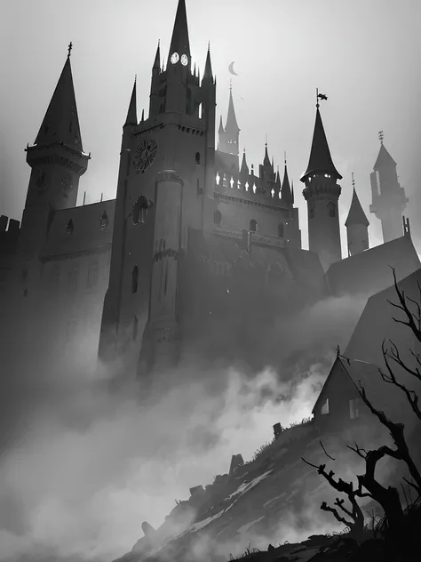 haunted castle, in grey and black tones, with fog details.