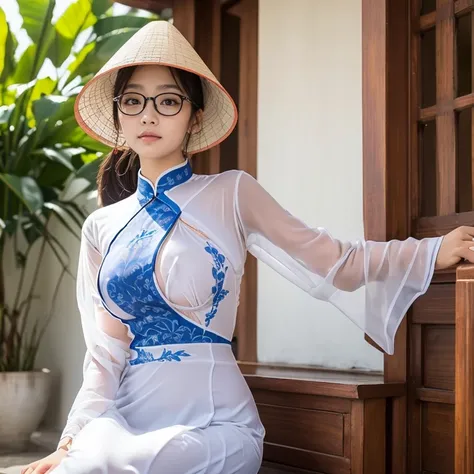 (Droopy eyes, Realistic Skin, Round face), , ((Fully transparent) See-through々Pattern (Ao Dai) 裸のさまざまPattern), ((Swollen nipples)), Leg spread, Outside, Angle from below, Put your hair up, (Conical hat), Straddle, ((Vietnamese traditional Non La)), Glasses...