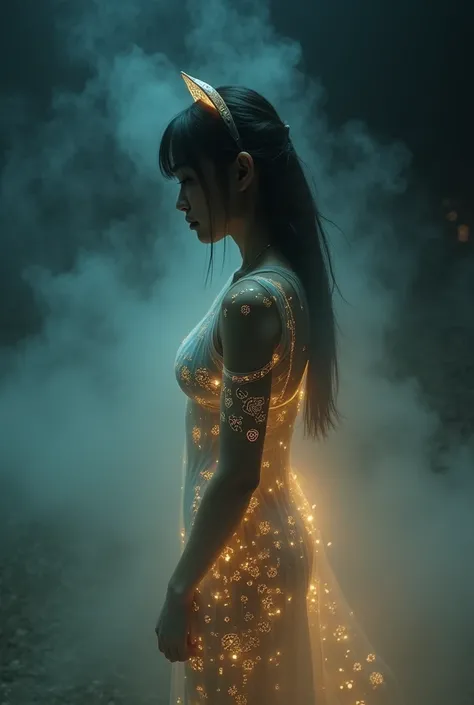 asian girl 18 years, A dark, wide-angle shot of a mysterious woman standing in a fog-filled landscape. Her body is outlined by a soft, golden glow, and her clothing is adorned with intricate cyan runes that seem to pulse with energy. The background is fill...